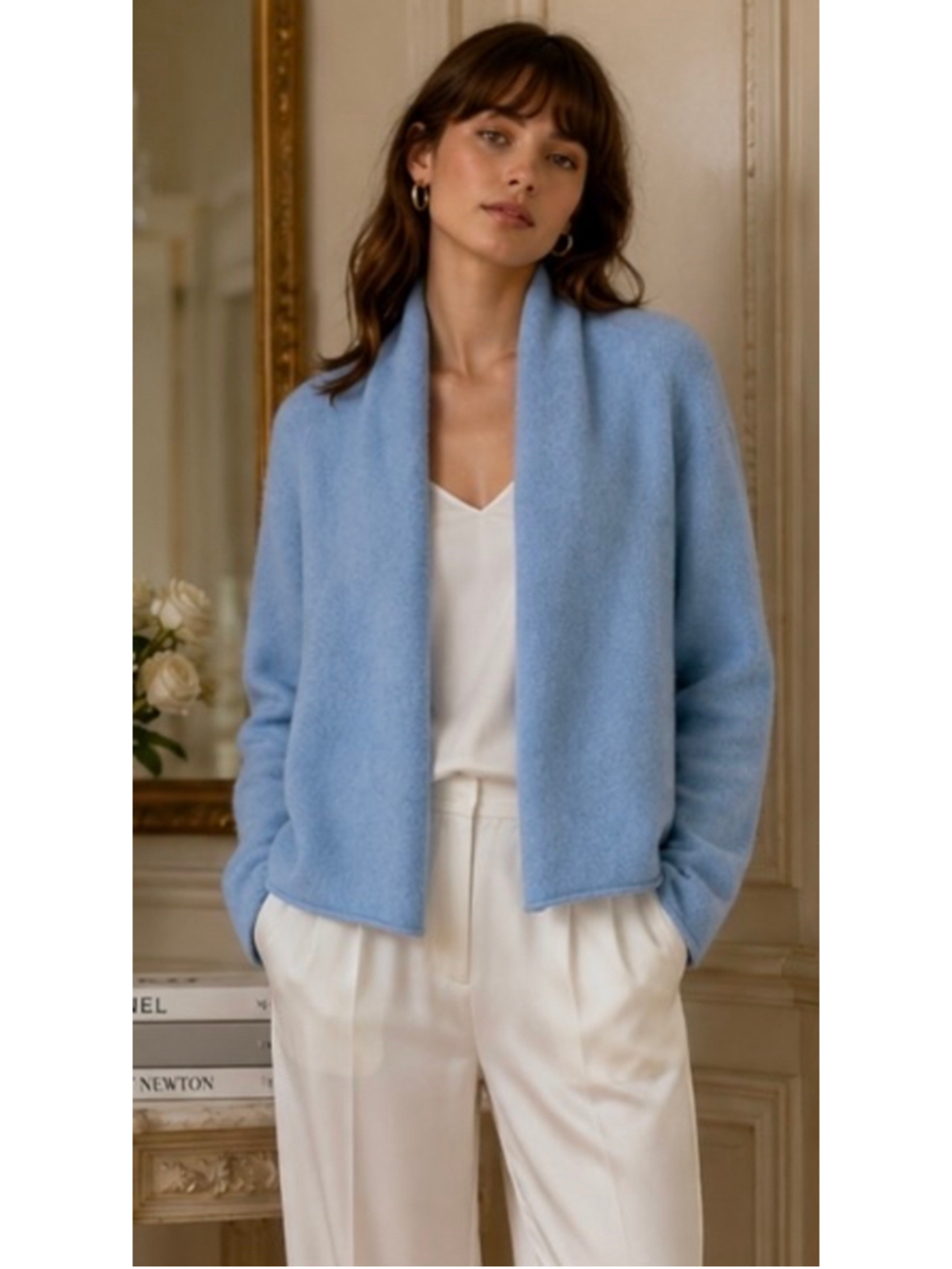 Women's White + Warren Blue Cardigan Sweater Size M